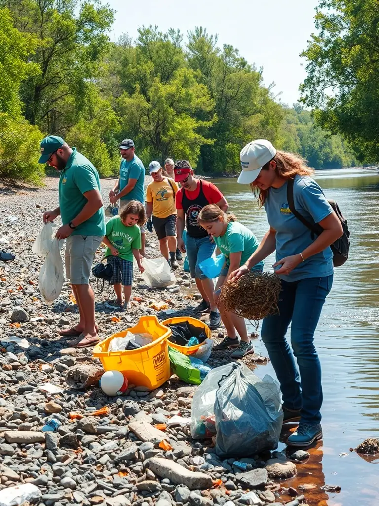 A photo of volunteers cleaning up a riverbank, removing trash and debris, showcasing AAPPMA's commitment to environmental stewardship.