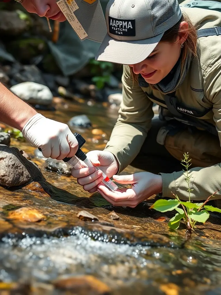 A photo of AAPPMA members conducting water quality testing in a local stream, monitoring pollution levels and ensuring a healthy aquatic environment.