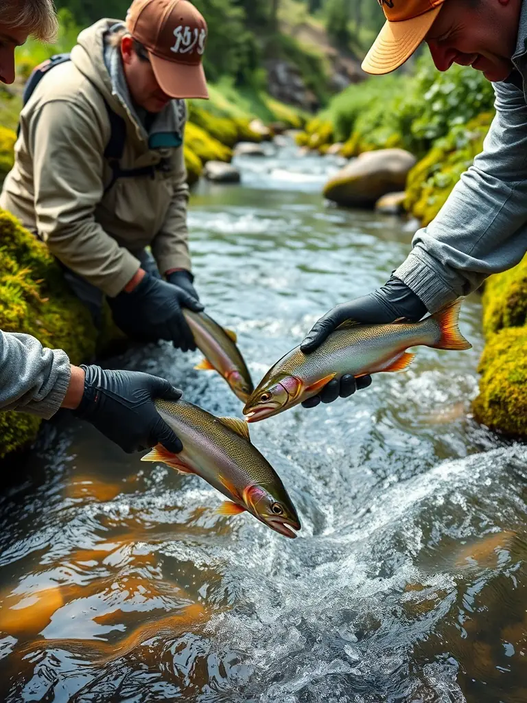 An image of AAPPMA members stocking a local lake with fish, enhancing the fishing opportunities for the community.