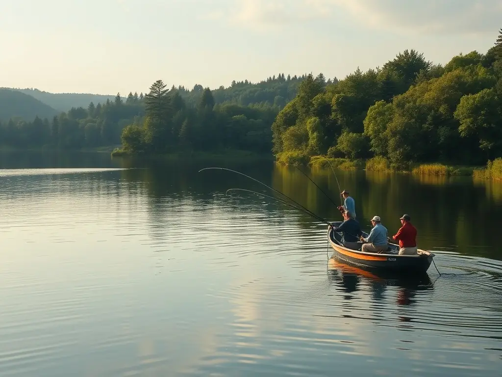 A serene image of a group of people participating in a guided fishing tour on a calm river, surrounded by lush greenery, under a clear blue sky. The focus is on the enjoyment and learning aspects of the tour.