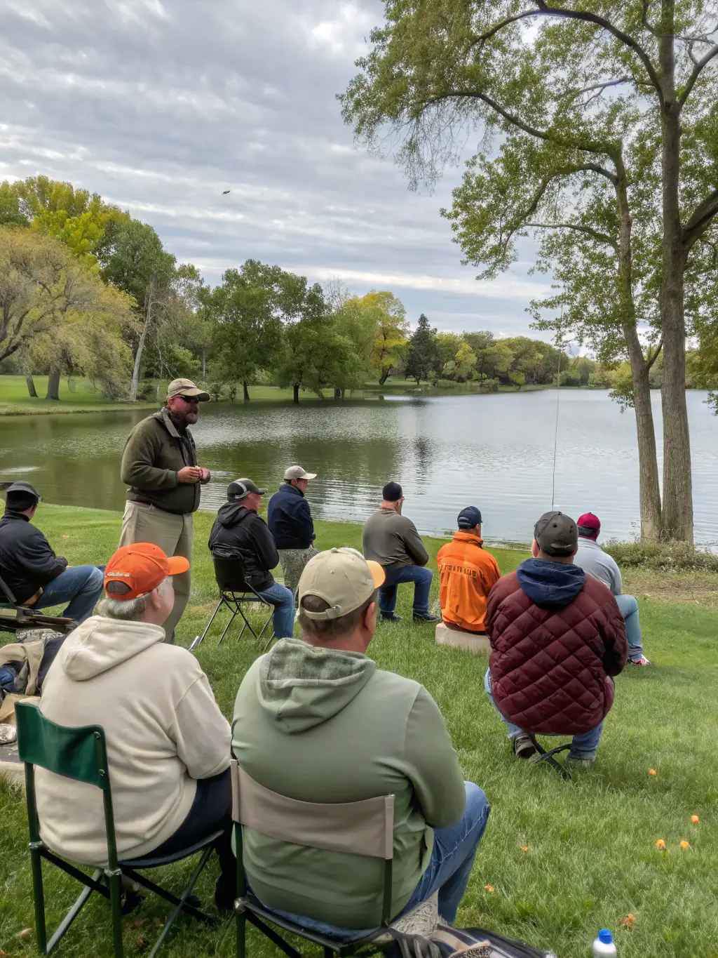 A group of children participating in a fishing workshop, learning about responsible angling and fish conservation from AAPPMA instructors.