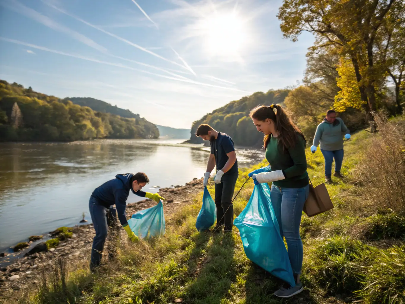 A photograph showcasing volunteers cleaning up a riverbank, collecting trash and debris, with a focus on teamwork and environmental responsibility.